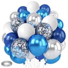 Blue White Silver Confetti Balloons, 50pcs 12 Inch Metallic Blue and Silver Balloons Clear White Confetti Latex Balloons for Birthday Wedding Anniversary Gender Revea Baby Shower Party Decorations