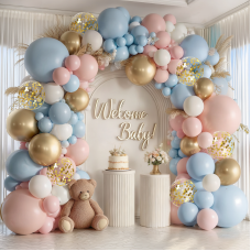 Gender Reveal Balloon Arch Kit, 129pcs Dusty Pink and Blue Balloons Chrome Gold Sand White Confetti Latex Balloons for Gender Reveal Boho Bachelorette Birthday Wedding Bridal Bear Theme Decorations